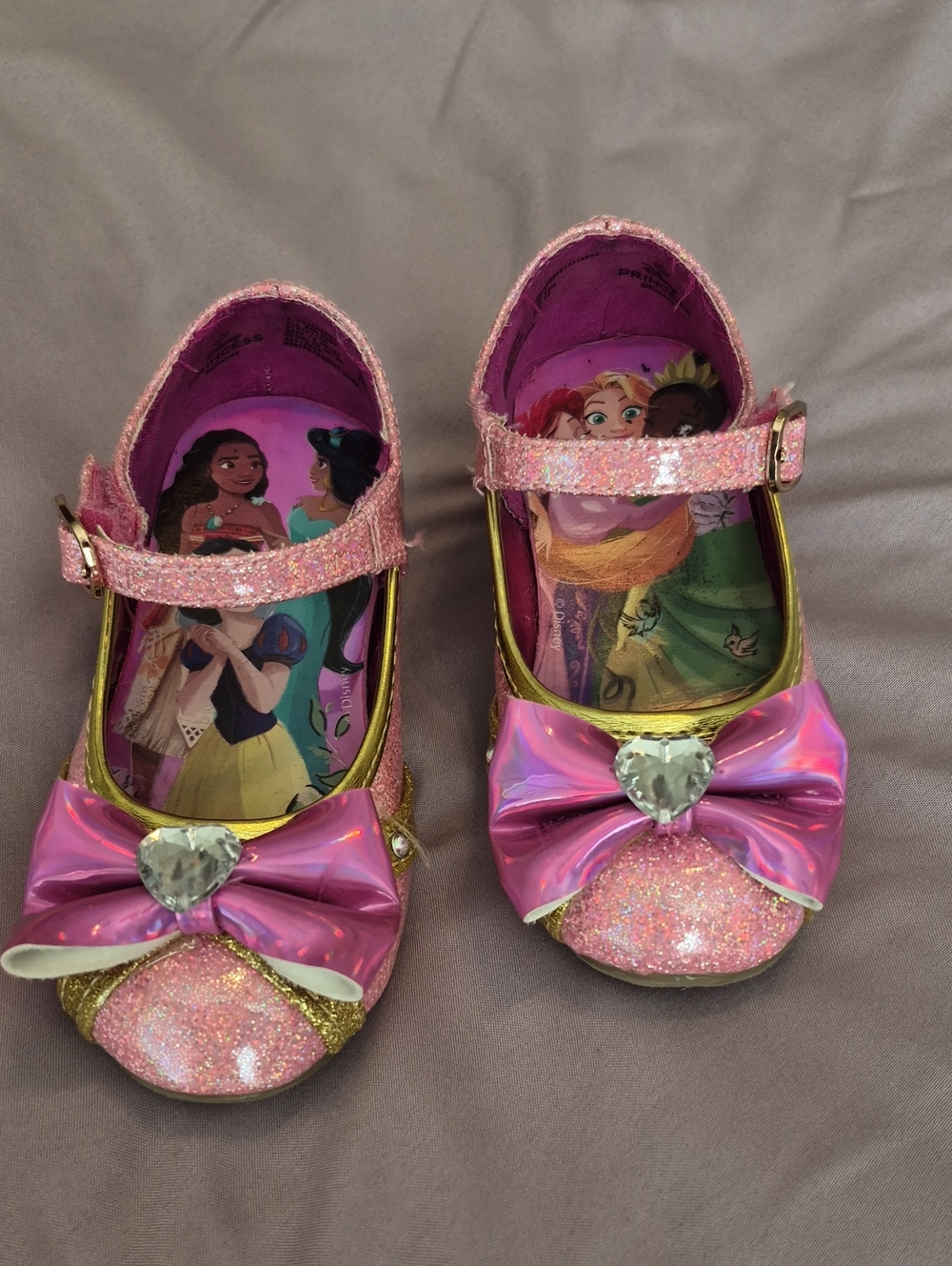 Disney Princess Toddler Pink Glitter Princess Bow Mary Jane Shoes with Heart Gem